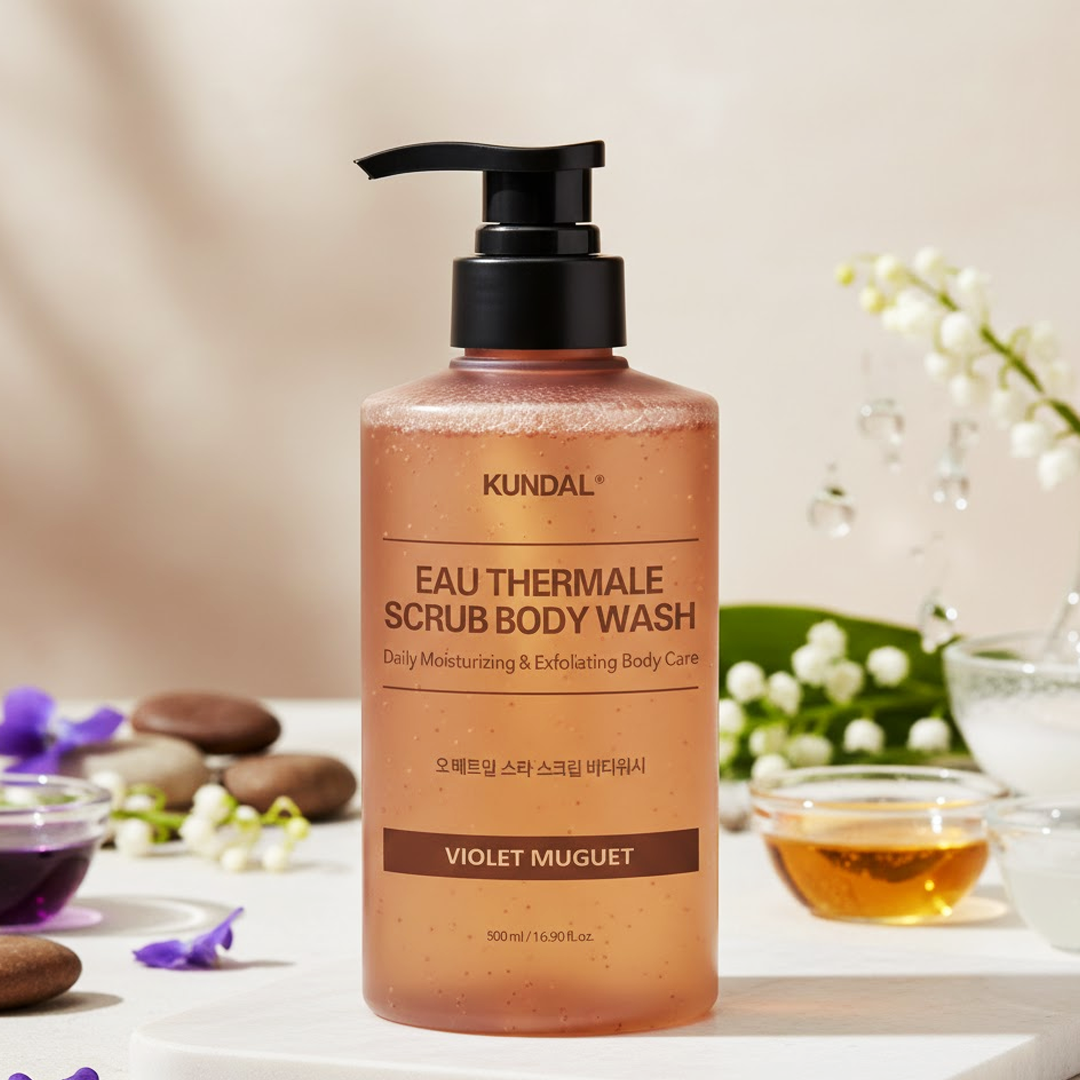 Kundal Eau Thermale Scrub Body Wash (Violet Muguet) – 500ml Kundal Eau Thermale Scrub Body Wash (Violet Muguet) - 500ml - Image 1